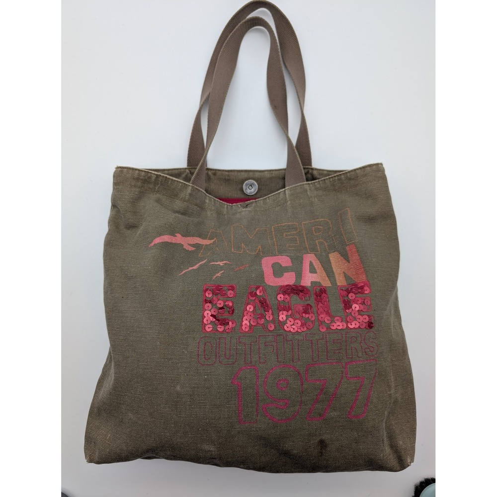 American Eagle Outfitters Canvas Tote Bag Olive Green Pink Sequin Graphic 1977